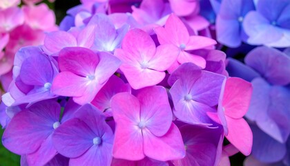 Vibrant pink and blue hydrangea flowers close-up