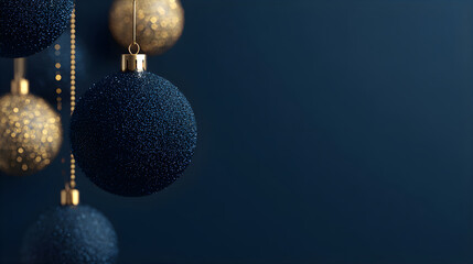 Blue and gold Christmas ornament decoration. Holiday celebration with festive decor. Happy New Year background for greeting card.