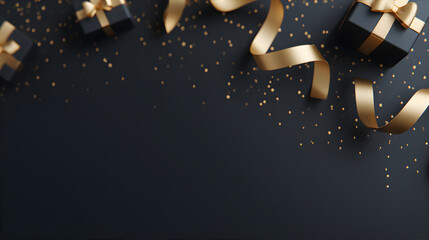 Black gift box with gold ribbon and glitter on dark background. Holiday background for celebration, special event.