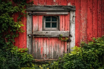 Weathered Red Barn Door with Lush Vines, Rustic Charm.