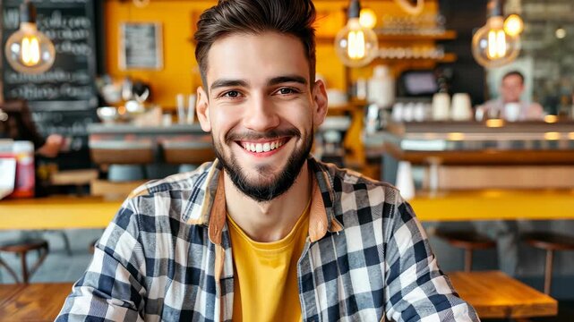 Cheerful Cafe Patron: A vibrant portrait of a smiling cafe patron, radiating warmth and approachability, his eyes sparkling with genuine happiness and the casual, comfortable ambiance.