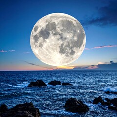 Full moon over a tranquil ocean at sunset