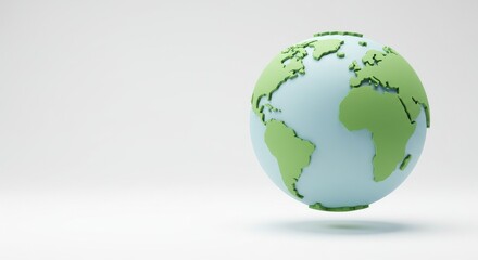 Fototapeta premium Floating Minimalist 3D Earth Globe, Green Land, Blue Water, Clean White Background.