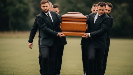 Pallbearers carrying a coffin during a funeral ceremony in a green field.