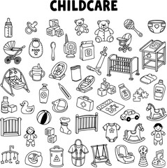 Childcare and Baby Essentials Collection: Outline vector illustration set of baby gear, nursery items, toys, and accessories for newborns and toddlers.