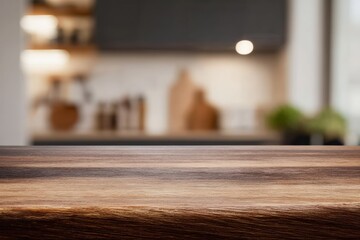 Wood table top with blurred dark kitchen interior providing copy space for product display, food, or drinks