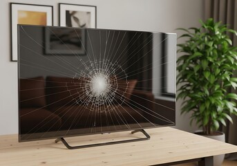 Broken television screen on table