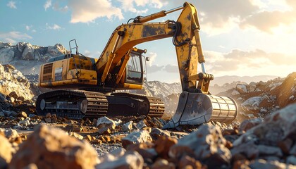 Excavator working on a mountainside at sunset