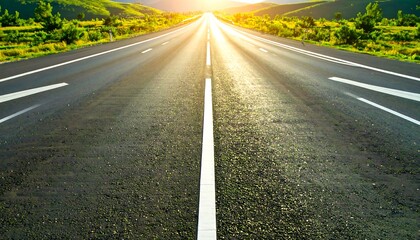 Road to the sun on black asphalt, stretches into the horizon