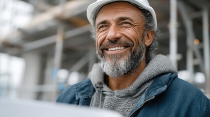 Portrait of a Happy Construction Worker in a Hard Hat Smiling Confidently at the Building Site with Steel Framework in the Background