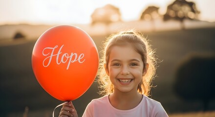 A smiling young girl holds a bright orange balloon with the word "Hope" written on it, set against a warm, sunlit outdoor landscape.