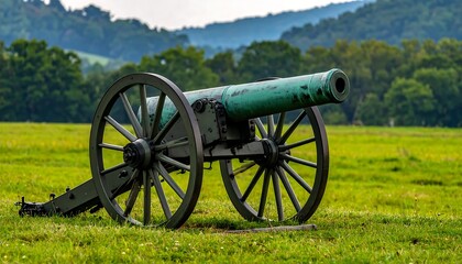 A bronze cannon sits on a grassy field, with rolling hills and trees in the background. The sky is overcast