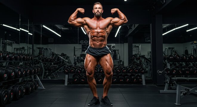 Chiseled Perfection - Bodybuilders Intense Front Double Biceps Pose in a Dark, Atmospheric Gym.