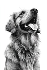 Detailed black and white portrait of a golden retriever, showcasing intricate fur texture and a joyful expression.