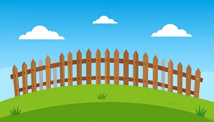 A cartoon scene shows a green hill, a wooden picket fence, three white clouds against a light blue sky, with some grass