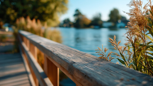 Footbridge over lake under soft lighting, showcasing tranquility, bridge soft wood, lake detail close-up, serene autumn scene, calm water lighting, with copy space - Powered by Adobe