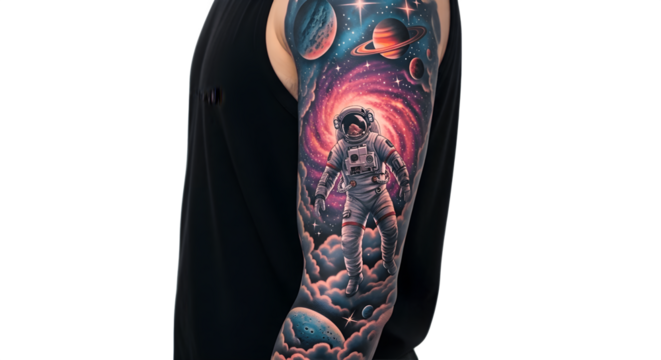 Colorful space themed arm tattoo with astronaut and planets.
