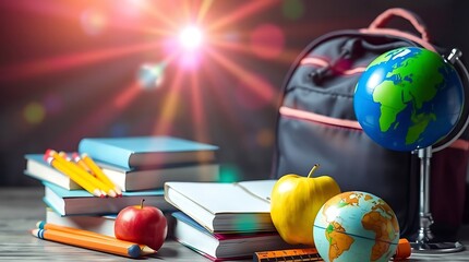Back to School Essentials Backpack, Books, Globes, and Apples for a Bright Educational Journey