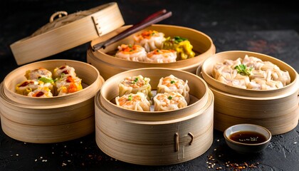 Steamed dumplings in bamboo steamers
