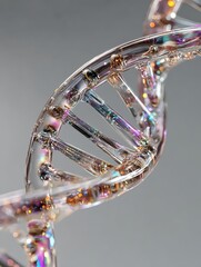 Hyper realistic translucent dna double helix twisting with intricate glasslike details and colorful light reflections