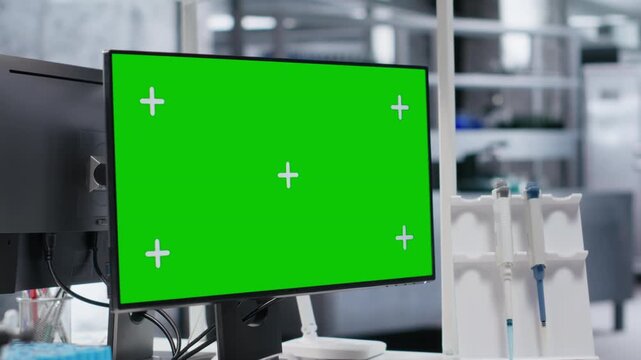 Isolated mockup computer on a desk in empty laboratory space, testing tools and scientific instruments capture the environment of bioscience research. Medical discovery and diagnostics.