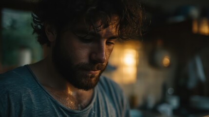 Fototapeta premium Introspective Male Portrait in Soft Lighting Captured in a Cozy Kitchen with a Natural Focus on Emotion and Authenticity in a Domestic Setting