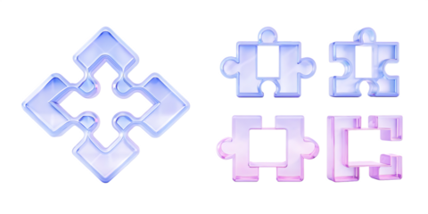 glass holographic transparent puzzle pieces 3d render isolated on white background, png,ai generated