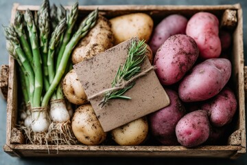Freshly harvested variety of organic potatoes and crisp asparagus arranged in a rustic wooden crate with a decorative card and rosemary twine garnishing presenting farm-to-table freshness