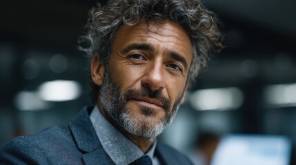 Fototapeta premium Confident businessman with curly hair in office setting, showcasing professionalism and charisma, dressed in suit, with a thoughtful expression in modern workspace.
