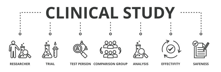 Clinical study banner web icon vector illustration with icon of researcher, trial, test person, comparison group, analysis, effectivity, and safeness