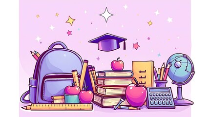 Vibrant illustration depicting essential school supplies for learning, including a backpack, books, globe, and a graduation cap for academic success.
