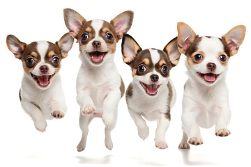 Obraz premium Four chihuahua puppies running and jumping in the air with white background looking at the camera smiling