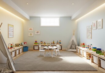 simple bright basement Kids’ Playroom – Safe and colorful space dedicated to children’s toys and activities.