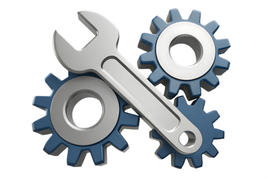 metal cogwheels and spanner 3d icon isolated on white background, png,ai generated