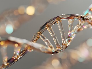 Iridescent dna spiral artwork with glasslike structure reflecting rainbow hues on a clean neutral gradient background