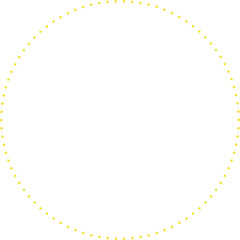 This is a minimalist graphic image featuring a large circle composed entirely of small, yellow dots. These dots are evenly spaced and form a perfect circular outline against a plain.