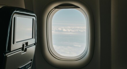 Naklejka premium Serene Airplane Window View - Bright Clouds Over Ocean, Seatback Screen, Calm Flight Perspective.