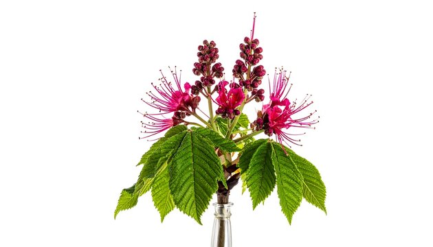 Vibrant pink flowers and green leaves on a branch