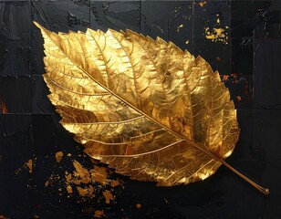 Golden Leaf on Dark Canvas Artpiece