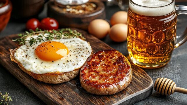 Breakfast Beer Feast: Indulge in a hearty breakfast featuring a golden-yolked fried egg, savory patty, paired with a cold mug of beer.