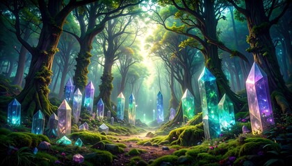 Obraz premium Enchanted forest path with glowing crystals, misty atmosphere, magical ambiance, and lush greenery