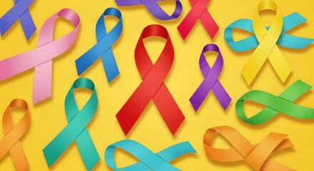 Collection of colorful awareness ribbons on a yellow background