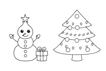 Cute cartoon snowman with a gift next to a Christmas tree line art present