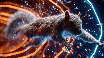 Obraz premium Energetic grey squirrel captured mid motion amidst abstract glowing light streams