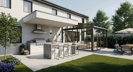Fototapeta premium Modern outdoor kitchen and glass conservatory attached to a contemporary home. Features sleek cabinetry, built-in grill, and seating area. Lush landscaping complements the design.