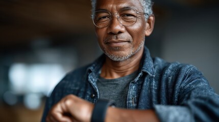 Senior man with glasses checking smartwatch in modern indoor setting, showcasing technology usage and lifestyle, with a focus on health and fitness monitoring