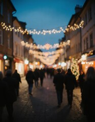 Crowds wander through a quaint old town draped in shimmering lights, creating a warm holiday atmosphere as Christmas and New Year approach, filling the street with joy Generative AI