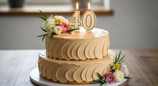 Twotiered birthday cake with lit candles celebrating 40th anniversary