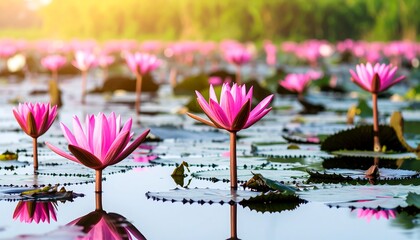 Pink water lilies blooming in a pond on a sunny day, plants in the background