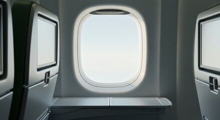 Airplane Interior - Empty Window View, Seat-Back Screens, Soft Lighting, Travel Concept.